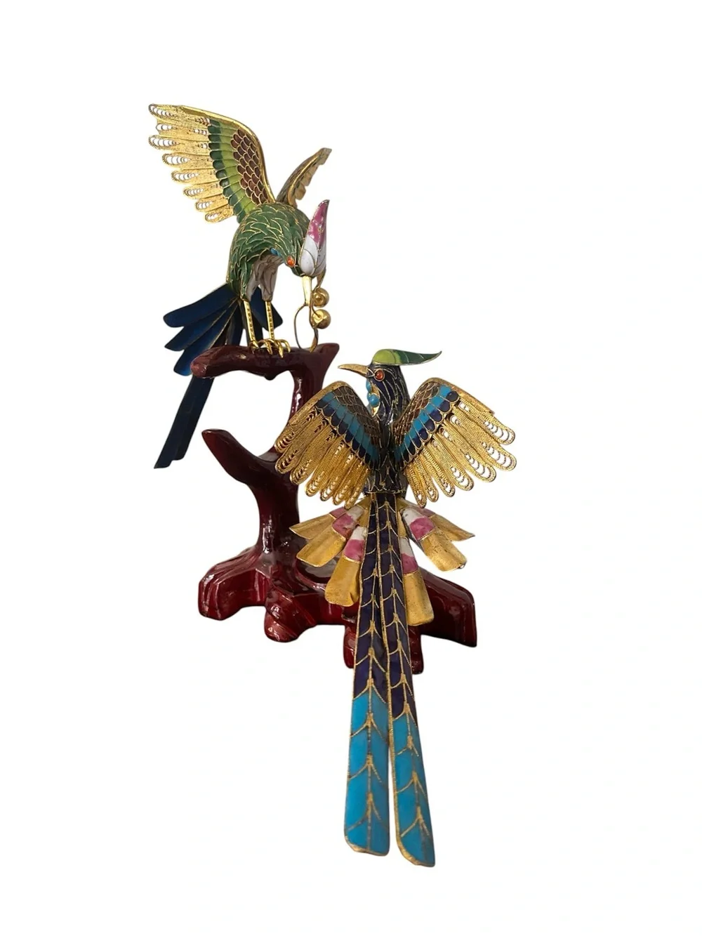Vtg Cloissonne Multicolor W/ Gold Accent Filigree Birds Sculpture. Handcrafted